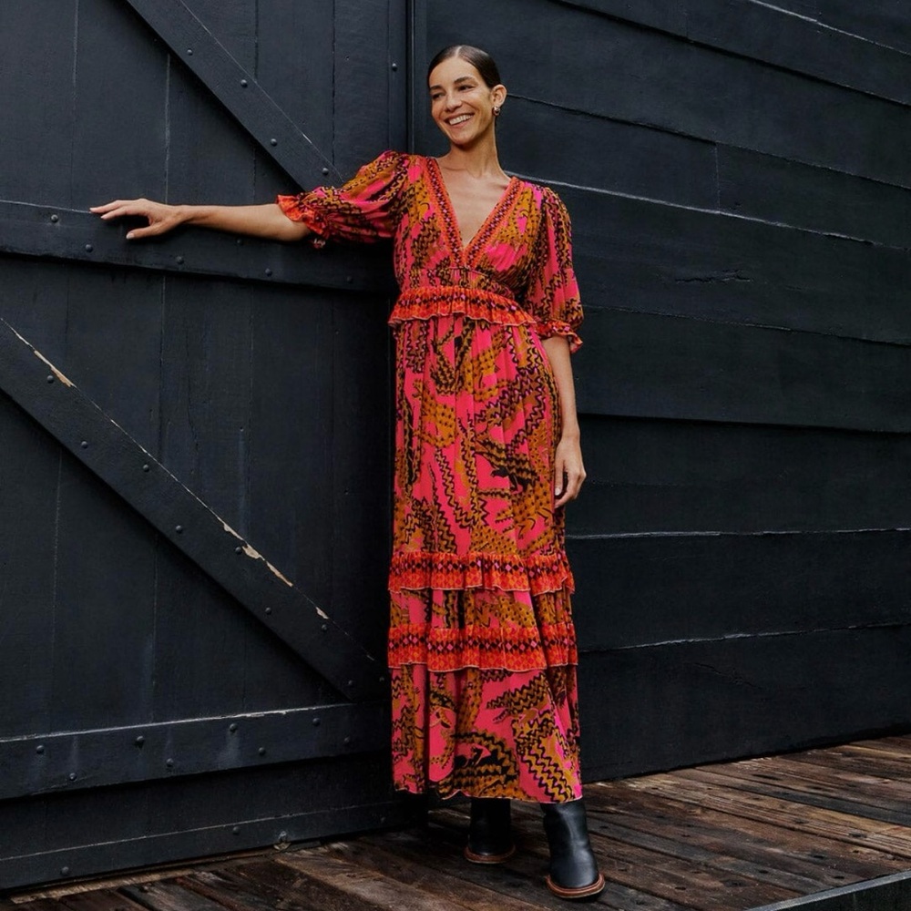 Farm Rio NWT Pink Croco Short Sleeve Maxi Dress